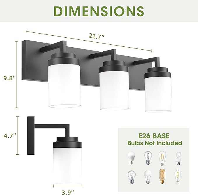 Espird Bathroom Vanity Light, 3 Light Matte Black Vanity Light with White Matte Glass Shade, 22in Farmhouse Wall Light, Lighting Fixtures Over Mirror for Bathroom/Living Room