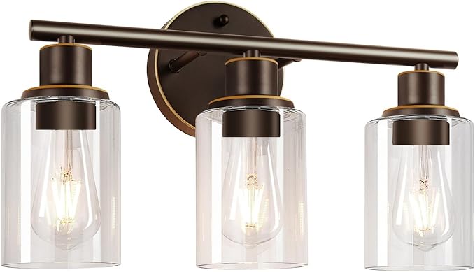 Zarbitta 3-Light Bathroom Light Fixtures, Brown and Gold Bathroom Wall Lights, Modern Vanity Light with Clear Glass Shade, Bathroom Wall Lamp for Mirror Hallway Cabinet