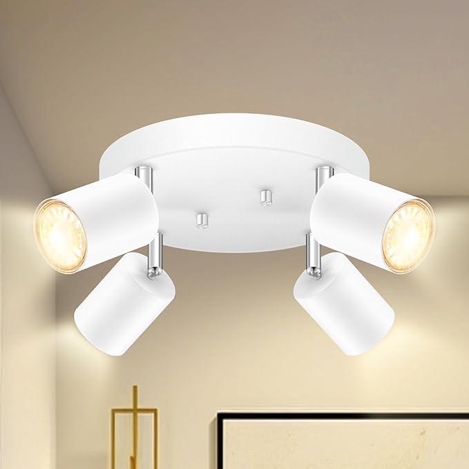 BoostArea LED 4 Light Track Lighting Kit, LED Track Lighting Fixtures, White Round Ceiling Spot Lighting, Flexibly Rotatable Light Head for Kitchen, Living Room, Bedroom, GU10 Bulb Not Included