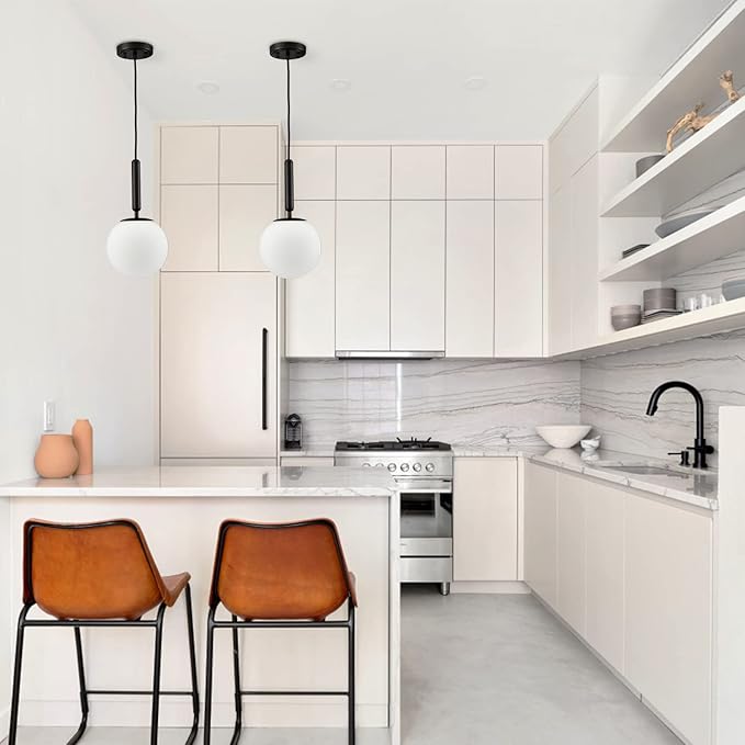 DIRYZON Modern Globe Pendant Lighting for Kitchen Island Black Hanging Ceiling Light Dining Pendant Chandelier Fixture with 7.9 Inches Milky White Frosted Lampshade