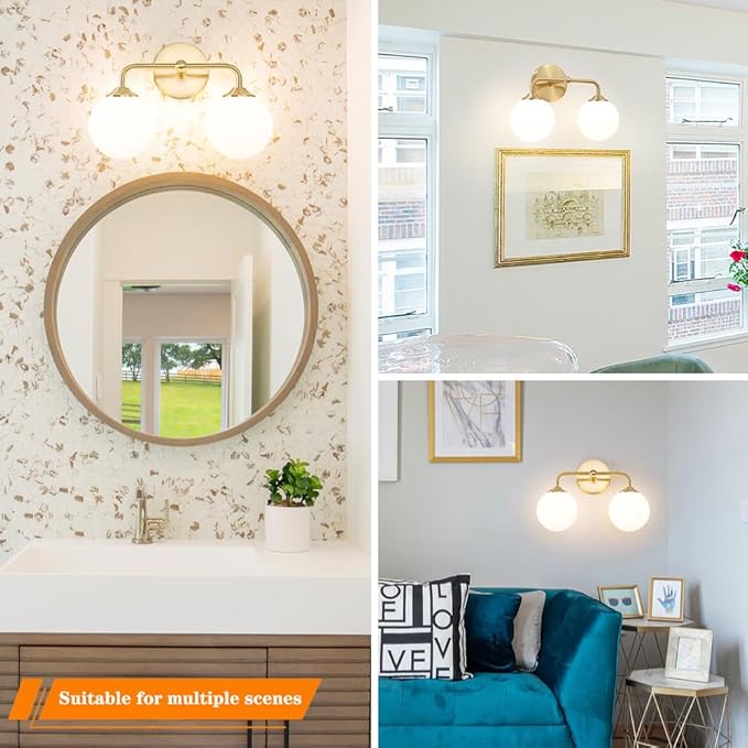 Modern Gold 2-Lights Bathroom Light Fixtures, Brass Vanity Light with Milky White Globe Glass Shade, Elegant Vanity Light Fixtures over Mirror, Wall Sconce Light for Bathroom, Mirror, Dressing Table