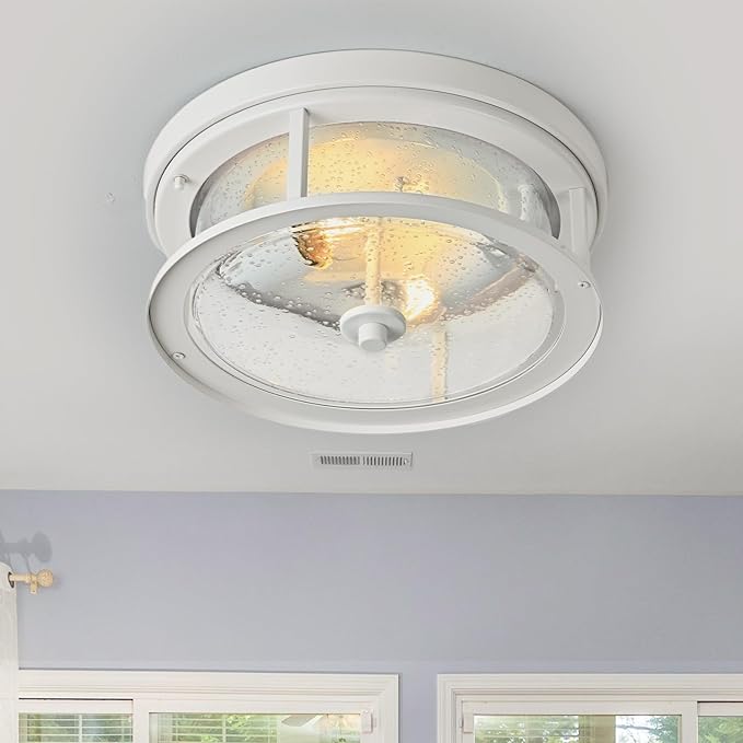 White Flush Mount Ceiling Light Fixture, 2-Light with Seeded Glass White Ceiling Light Fixture for Bedroom, Indoor Outdoor Ceiling Lights for Porch Hallway Kitchen
