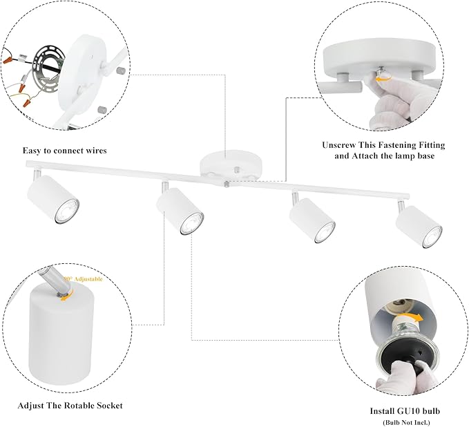BoostArea LED 4 Light Track Lighting Kit, White 4 Way Ceiling Spot Lighting, Flexibly Rotatable Light Head for Kitchen, Living Room, Bedroom, Bulb Not Included