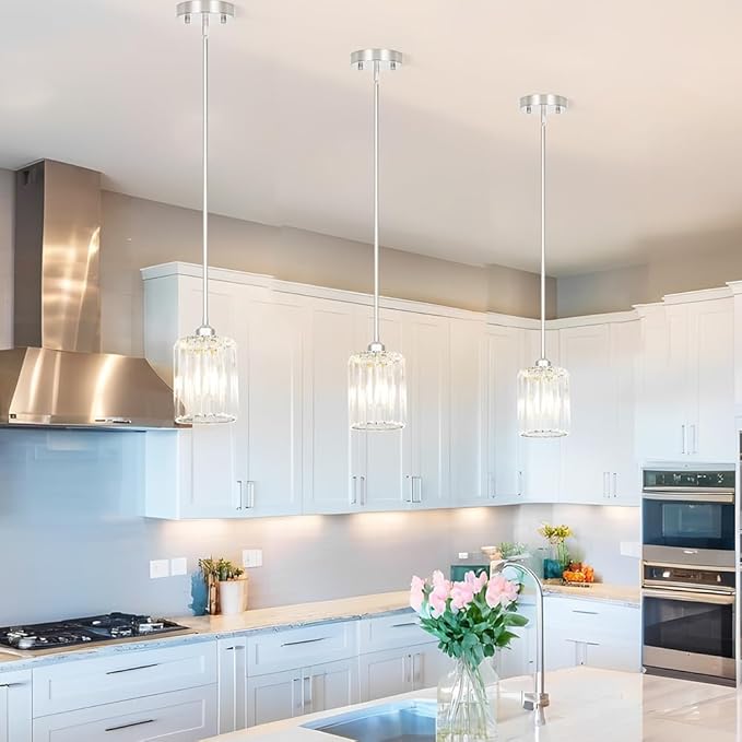 Lxybcce Chrome Kitchen Pendant Lights Over Island with Adjustable Rods - Crystal Pendant Lighting Fixtures 3 Pack, Ideal Over Dining Table or Bar, E26 Bulb Compatible, No Electrician Needed