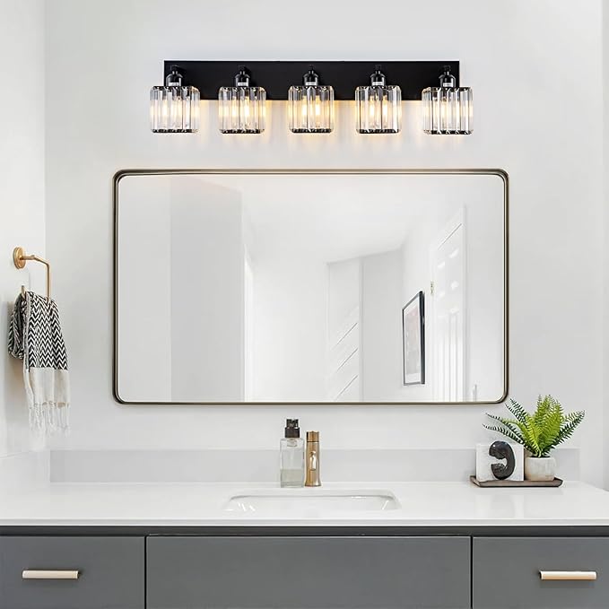 Black Crystal Bathroom Lighting Fixtures, 5 Light Modern Crystal Bathroom Vanity Lights Over Mirror, Wall Light Bathroom Light Fixtures