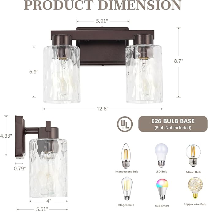 2-Light Bathroom Light Fixtures Modern Oil Rubbed Bronze Vanity Lights with Water Ripple Glass Wall Sconces Over Mirror for Bathroom, Powder Room, Living Room