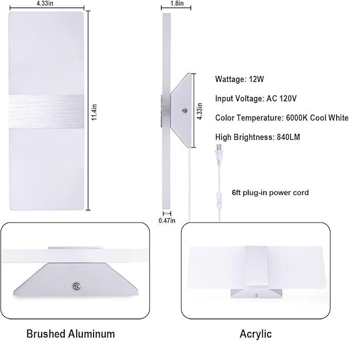 TRLIFE Modern Wall Sconces Set of 2, Wall Sconce Plug in 12W LED 6000K Cool White Acrylic Wall Mounted Light Wall Lights with 6FT Plug in Cord for Bedroom Bedside Stairway(2 Pack, Silver)