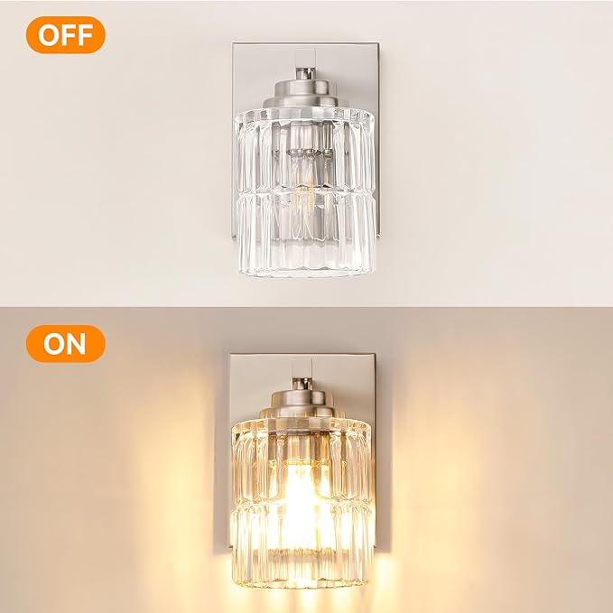 TALOYA 4 Inch Bathroom Light Fixtures,Modern,Set of 2 Light Brushed Nickel Vanity Lights with Wide Vertical Ribbed Thickened Glass Shade for Mirror Makeup Room Hallway（Bulbs Not Included）