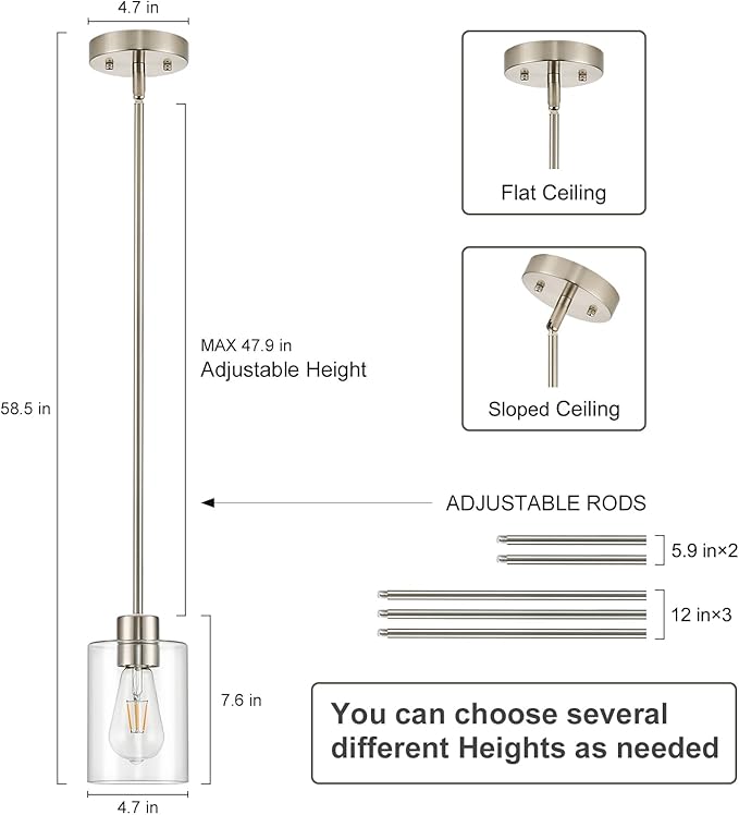 Modern Farmhouse Brushed Nickel Pendant Lights, Mini Hanging Light Fixture with Clear Glass Shade, Adjustable Rods for Kitchen Island, Sink, Bar (1 Pack)