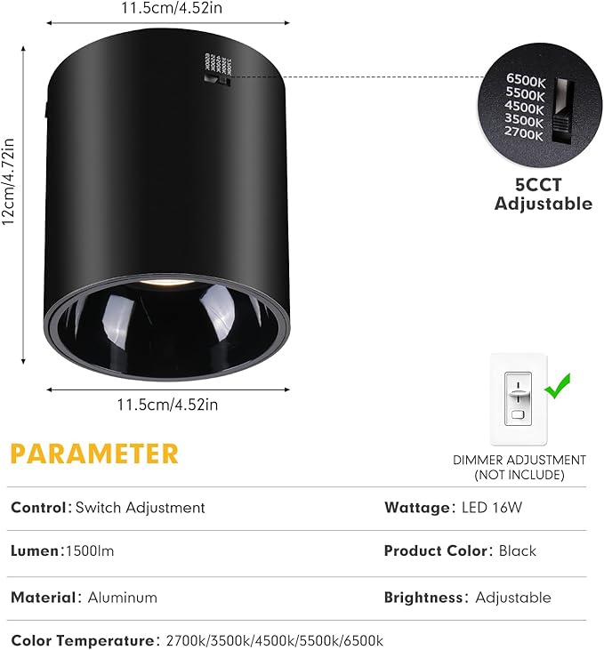Ceiling Spot Lights Indoor 5-Color Dimmable Flush Mount Black Cylinder Down Light Modern LED Ceiling Light for Living Room Hallway Kitchen Dining Room Foyer