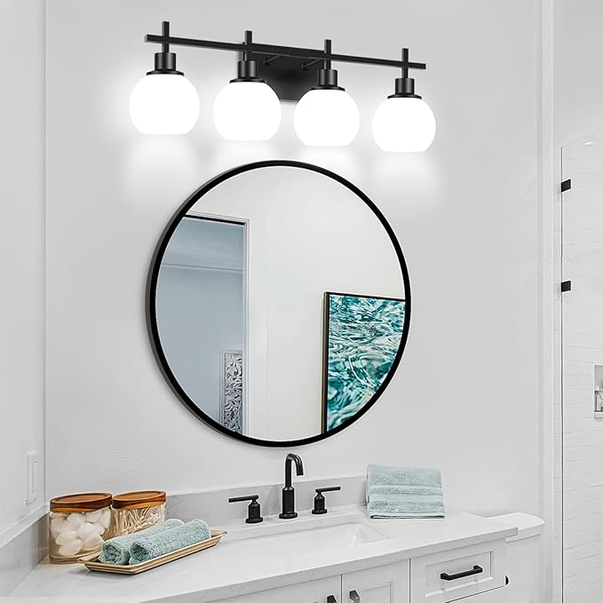 Dpyrrhic 4-Light Modern Vanity Lighting Fixtures, Bathroom Wall Mounted Vanity Light,Black Bathroom Lighting Fixtures Over Mirror with Milky White Glass Lampshade for Bedroom, Living Room