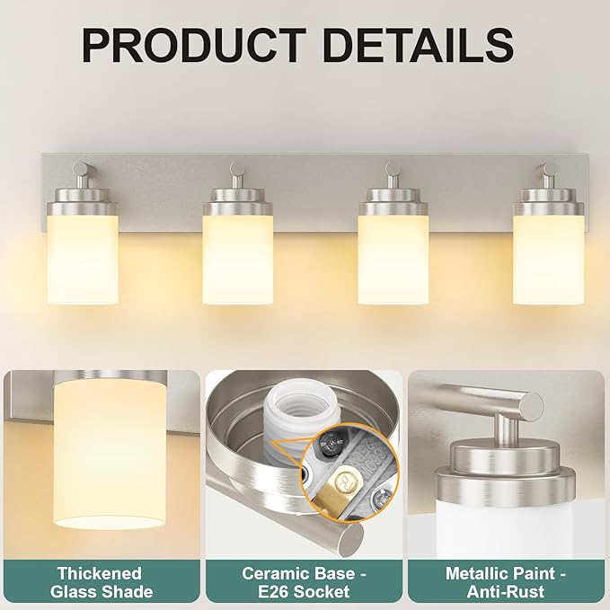 IZORRO Bathroom Vanity Light Fixture, 4-Light 30 Inch Brushed Nickel Bathroom Light Fixtures Over Mirror, with White Glass Shade, Modern Farmhouse Vanity Lights, Rustic Restroom Lighting Fixtures