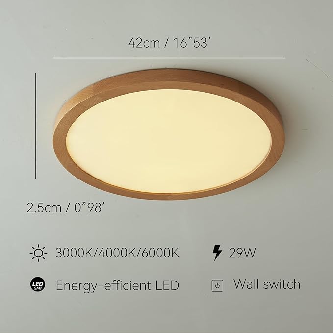 Ultra-Thin LED Ceiling Light Fixture 16.53", Handcrafted Walnut Wood Modern Wabi-Sabi Style, Slim 2.5cm Profile, 37W LED 3000K-4000K-6000K, Round Minimalist Lamp for Bedroom Kitchen Hallway