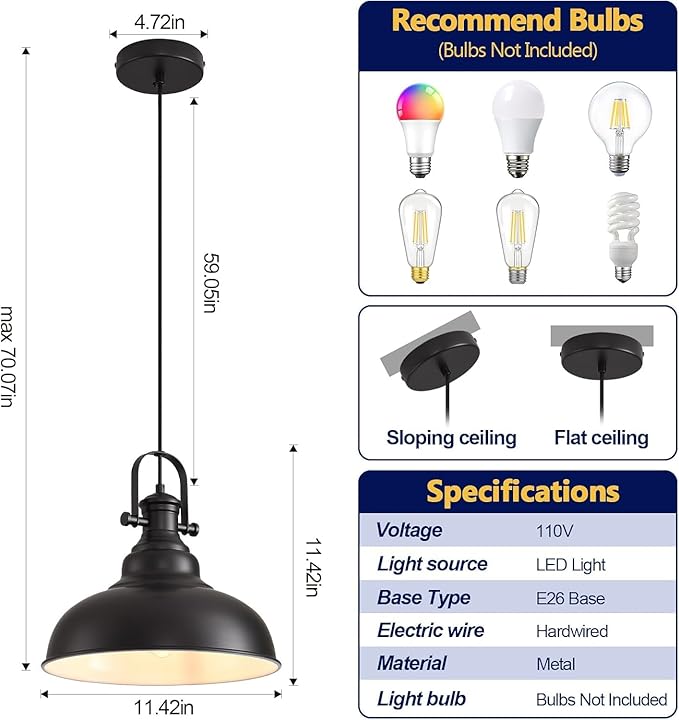 Matte Black Pendant Light, 11.0 Inch Pendant Light Fixture with Adjustable Cord, Industrial Hanging Lamp for Bedroom, Kitchen Island, Living Room, Dining Room, Hallway(1 Pack)