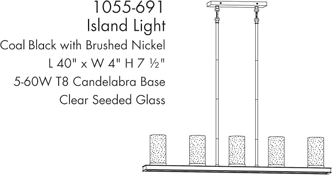 Minka Lavery 1055-691 Cole's Crossing Island Chandelier, 5-Light, 300 Total Watts, 40-in H x 7.5-in W, Coal Black with Brushed Nickel