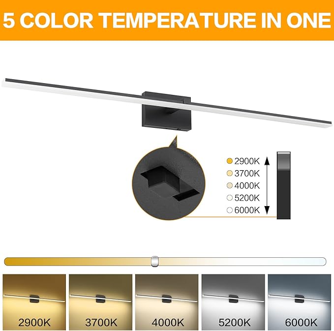 ZUZITO 48in Black Bathroom Vanity Light Over Mirror Modern Bath Lighting Fixtures Over Mirror 32W LED Bathroom Lights Bar 5CCT Dimmable