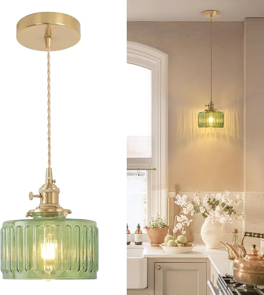 Shenmoyl Pendant Light with Green Striped Glass Lmapshade, Brass Vintage Pendant Light Adjustable Hanging Light for Kitchen Island Dining Room Hallway