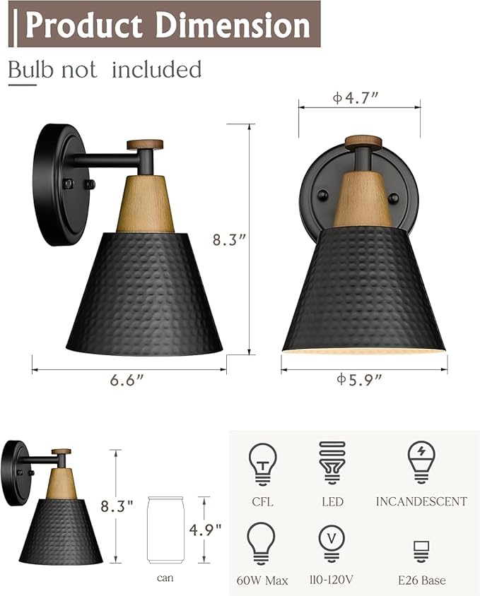 FEMILA Wall Sconces Set of 2, 1-Light Matte Black Bathroom Light Fixtures, Modern Single Vanity Light Wall Lamp with Hammered Metal Shade, 4FG59B-2 BK