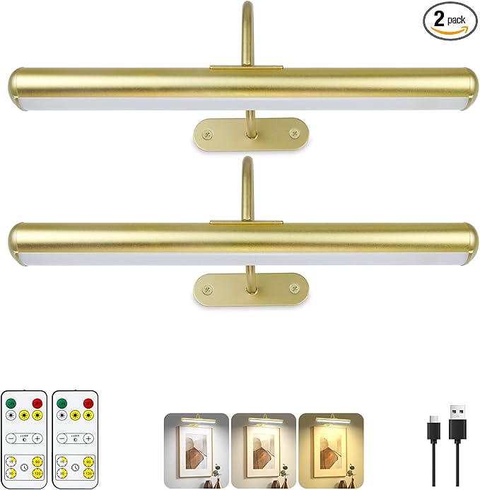 Set of 2 Picture Lights on Wall Rechargeable and Remote, Full Metal Painting Light with 3 Lighting Colors Brightness Dimmable and Timer Auto-OFF, Above Artwork Dartbord Display Gallery Portrait