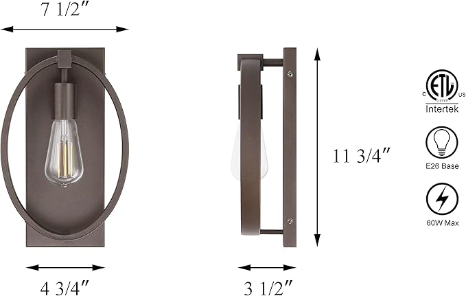 XiNBEi Lighting Sconces Wall Lighting, Farmhouse Bathroom Sconce Light with Oval Iron Frame Single Dark Bronze Wall Sconce for Hallway Bedroom Living Room XB-W1273-DB
