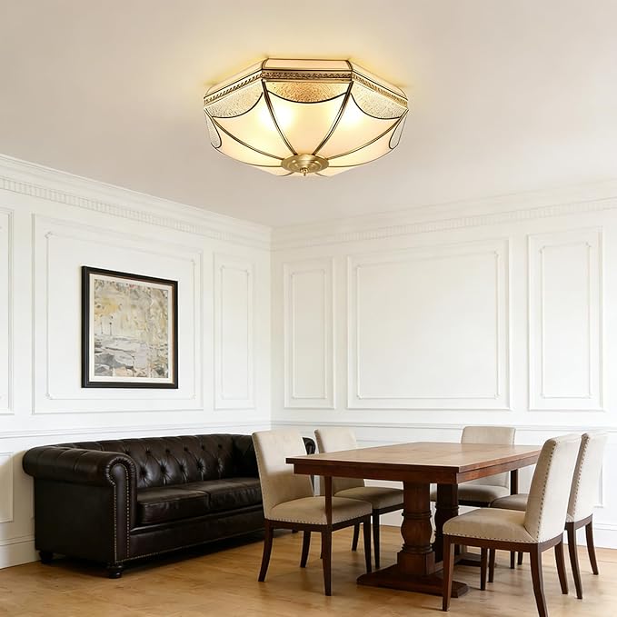 MIXL-Gold Flush Mount Ceiling Light,Antique Brass Hallway Lighitng Fixture,Unique 4-Bulbs Vintage Light Fixture,Mid Century Modern Ceiling Lamp for Study Room Office