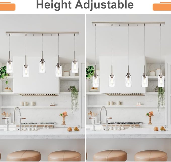 TODOLUZ 5-Light Farmhouse Chandelier, Adjustable Height Pendant Light Fixtures in Brushed Nickel, Dining Room Hanging Ceiling Lighting with Seeded Glass Shade