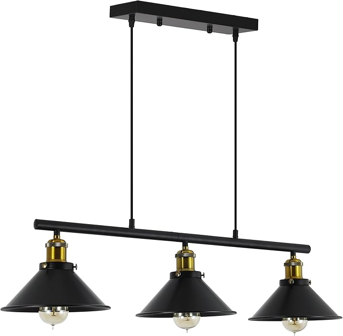 3-Light Kitchen Island Pendant Light Fixture, Farmhouse Linear Hanging Lighting, Industrial Chandelier with Matt Black Finish for Kitchen, Bar, Dining Room, Pool Table