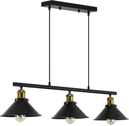 3-Light Kitchen Island Pendant Light Fixture, Farmhouse Linear Hanging Lighting, Industrial Chandelier with Matt Black Finish for Kitchen, Bar, Dining Room, Pool Table