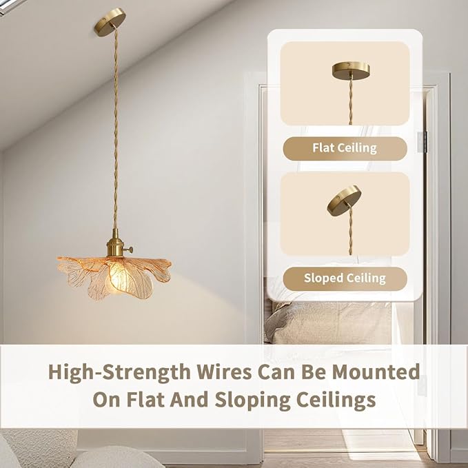 Mid Century Modern Pendant Light Glass Pendant Lights with Hand Blown Amber Glass Shade Brass Pendant Light Farmhouse Gold Adjustable Hanging Light for Kitchen Dining Room Bedroom