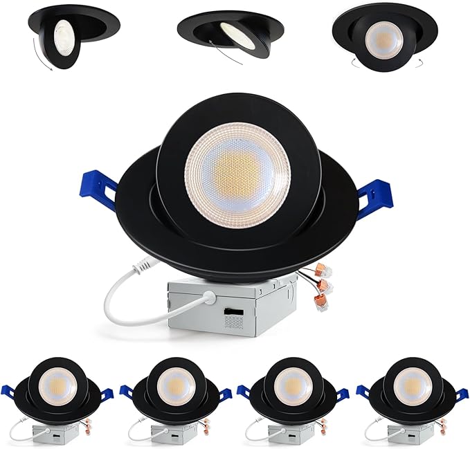 Adetu 6 inch 5CCT Gimbal Black Led Recessed Lights, 360°+90° Adjustable Directional Recessed Lighting, 2700K/3000K/3500K/4000K/5000K Dimmable Eyeball Canless Downlight with Jbox, ETL(Black, 4 Pack)