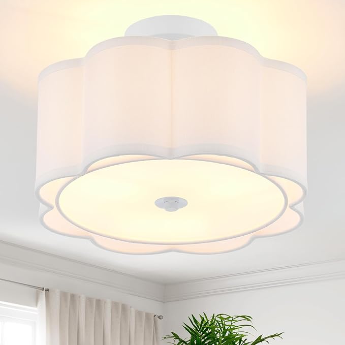 Drum Semi Flush Mount Ceiling Light, White Linen Fabric Shade Ceiling Light, Modern Farmhouse Close to Ceiling Light for Bedroom, Hallway, Living Room, Dining Room, Laundry Room