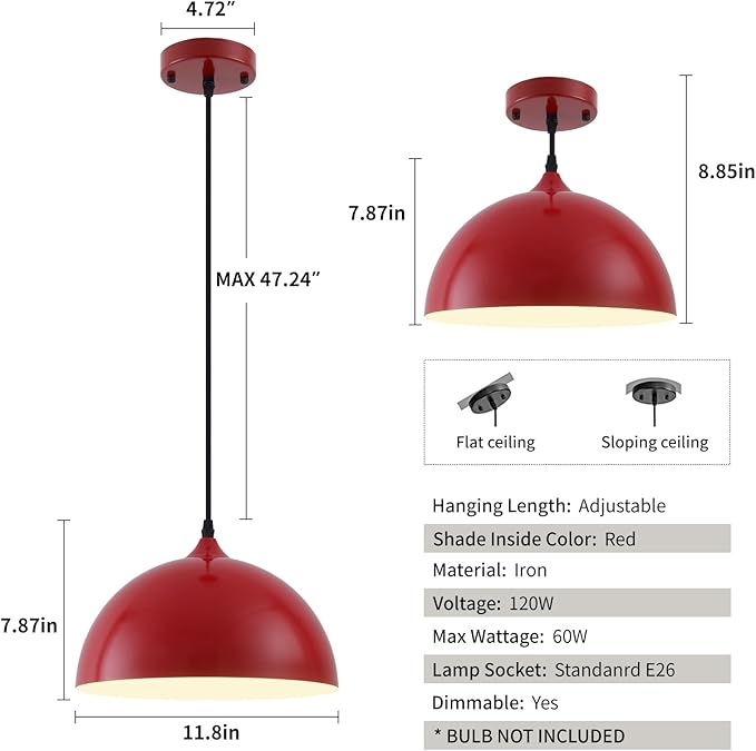 Red Farmhouse Pendant Light 11.8inches 2 Packs,Kitchen Pendant Lights, Industrial Pendant Light, Pendant Lights Kitchen Island for Living Room, Bedroom, Dinning Room, Office
