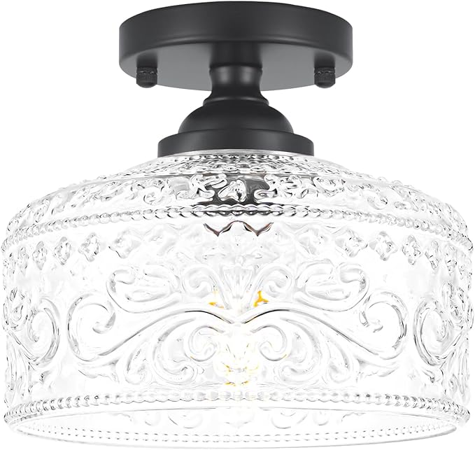 Small Semi Flush Mount Ceiling Light Fixture, Vintage Matte Black Close to Ceiling Lighting with Etched Glass Shade for Hallway, Kitchen, Entryway (Retro Design, Easy Install)