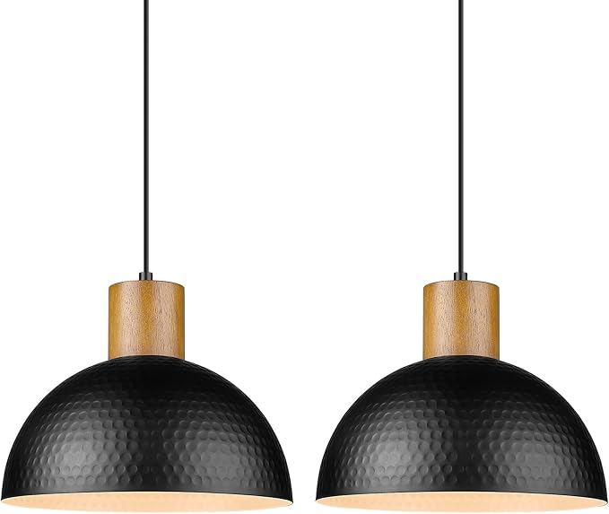 ELYONA 2 Pack Hammered Pendant Lights, 12" Industrial Metal Dome Hanging Lamp, Solid Wood Pendant Light Fixtures for Kitchen Island, Bar, Farmhouse, Dining Room, Bedroom, Hallway, Black