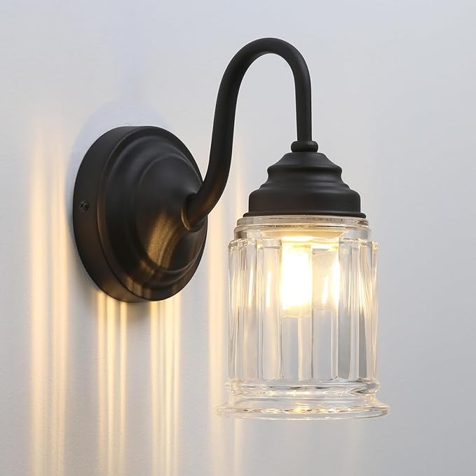 PERMO Vintage Single Sconce Black Wall Sconce with Clear Bell-Shaped Glass Shade Black Hardwired Sconces for Living Room Bedroom Doorway