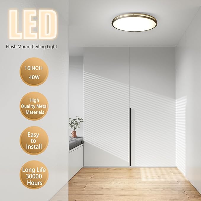 16Inch LED Flush Mount Ceiling Light Fixture 2 Pack, 48W 4800LM Ceiling Light Fixture Brushed Nickel, Dimmable Ceiling Light, 5000K Ceiling Lamp for Bedroom Kitchen, ETL Listed, No Flicker