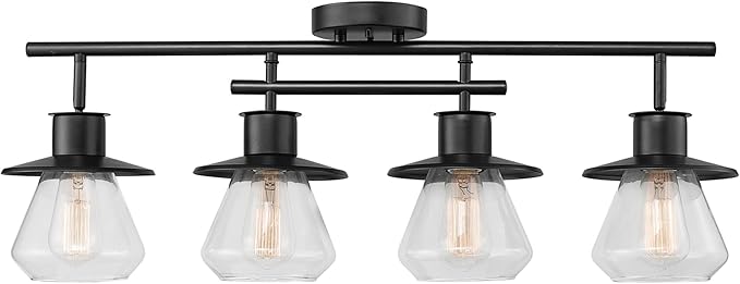 Globe Electric 59530 4-Light Complete Track Lighting Kit, Dark Bronze, Clear Glass Bell Shaped Shades, Ceiling Light Fixture, Ideal for Kitchen and Dining Room, LED Bulb Compatible