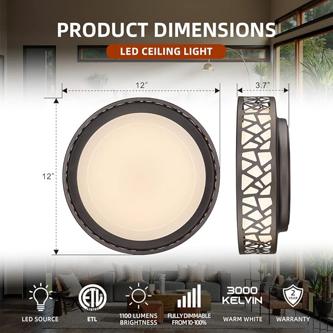 Flush Mount Light 2 Pack, 12 inch 15W LED Bedroom Light Fixtures Ceiling, 3000K Warm White, Oil Rubbed Bronze Fihished, ETL Listed (Metal Body and Acrylic Shade