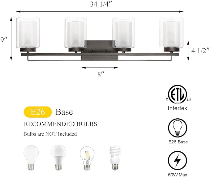 XiNBEi Lighting Wall Light 4 Light Bathroom Vanity Lighting with Dual Glass Shade in Dark Bronze Indoor Wall Mount Light XB-W1195-4-DB