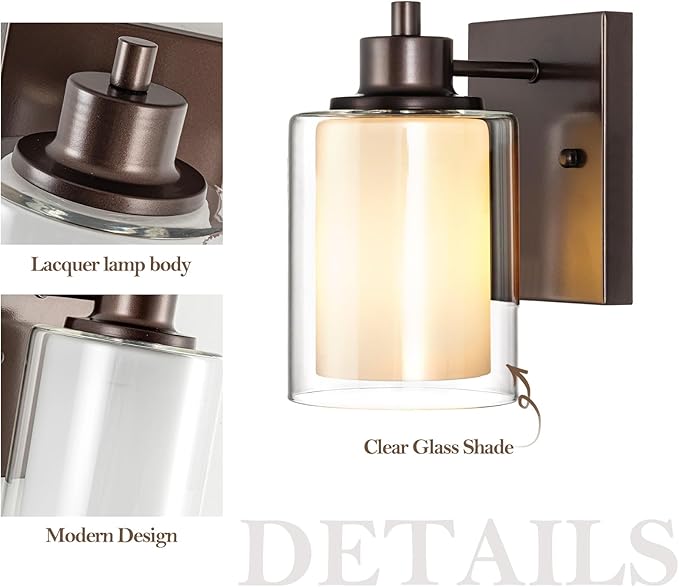3 Pack Bath Vanity Light Fixtures 1-Light, Indoor Oil Rubbed Bronze Wall Light with Dual Glass Shade, Farmhouse Bathroom Wall Scone, Vintage E26 Bese Wall Mount Lighting