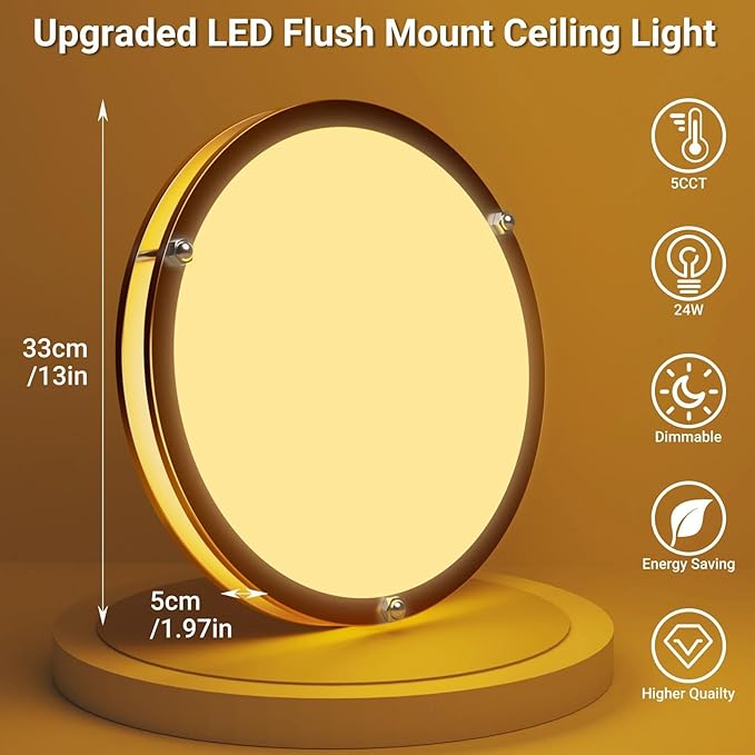 libtit 13 Inch Flush Mount Ceiling Lights, Dimmable 3000K-6500K Adjustable LED Ceiling Light, 24W Round Slim Light Fixture Gold for Kitchen Bedroom Bathroom Hallway-1 Pack