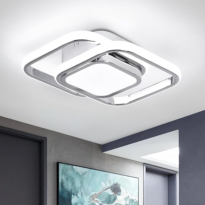 CANEOE Square Hallway Ceiling Light Fixtures,6000K Cool White Modern Flush Mount Ceiling Light,Chrome Led Hallway Lighting Fixtures for Kitchen Entryway Bedroom Laundry Room