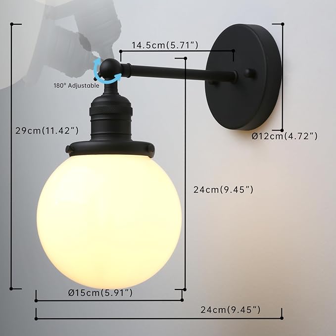 Phansthy 1-Light Wall Sconce, Brass Boho Bathroom Vanity Light, Modern Wall Light with Globe Glass Shade E26 Base, Adjustable Wall Lighting Fixtures for Bedroom, Living Room (Black, White Shade)