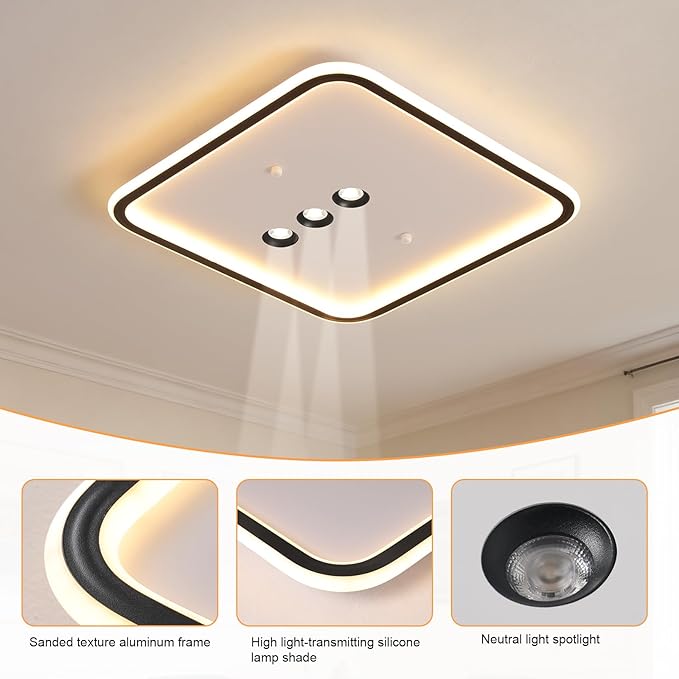 Square Diamond LED Ceiling Light with 3 Adjustable Spotlights, Dimmable Flush Mount Lighting Fixture, Black & White for Bedroom Living Room Kitchen Hallway