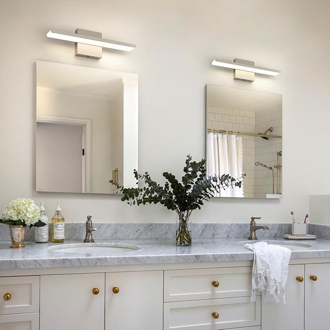 JUSHENG Brushed Nickel Modern LED Vanity Lights for Bathroom Light Fixtures, 16 Inch 16W 5CCT Dimmable Vanity Light Bar Bathroom Lighting, ETL Certificated