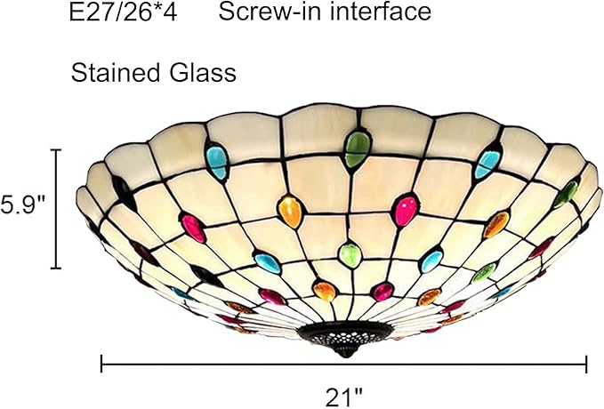 Tiffany Flush Mounts Ceiling Lights,Peacock Blue Crystal Beads Stained Glass Lampshade Ceiling Lamp for Kitchen Dining Room Livingroom Bedroom Ceiling Chandeliers Pendant Light,Multicolor,21in