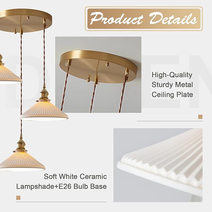 3 Light Pendant Lighting Brushed Gold Cluster Pendant Light Fixture Milk Glass Chandelier Modern Mid Century White Ceramic Cluster Hanging Pendant Lights Kitchen Island for Bedroom MPL16D-3R