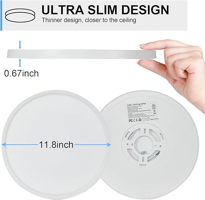 DLLT Flush Mount Ceiling Light: 12 Inch Kitchen Lighting Fixtures Ceiling - 24W Surface LED Light Fixtures for Bedroom Hallway Garage - White Round 5 Color Temperatures (2700K-6000K) Ceiling Light