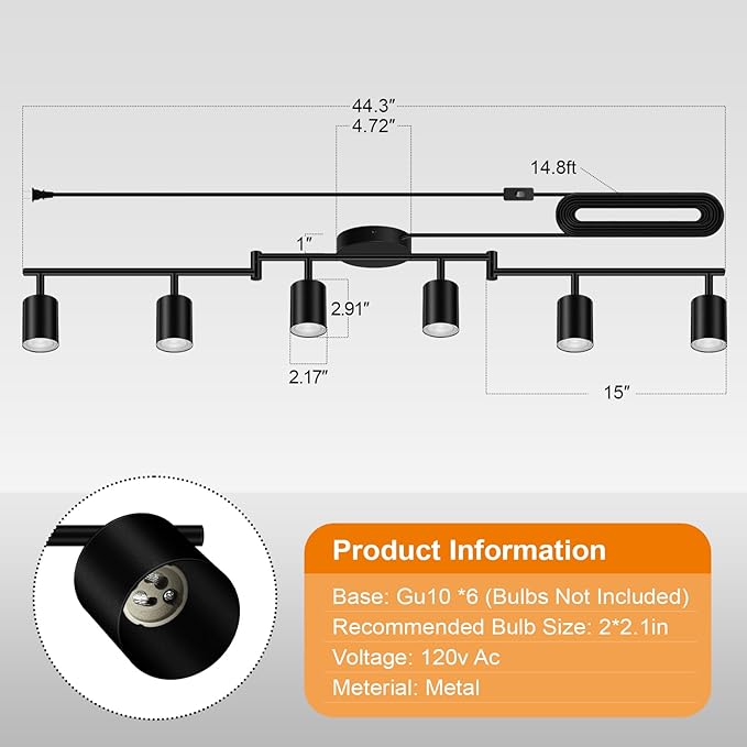 Plug in Track Lighting LED, Track Lighting Fixtures Ceiling, Black 6-Light Kitchen Light Kit, Plug in Wall Light with 14.8ft Power Cord, Rotatable Ceiling Spotlight for Bedroom(GU10 Socket, NO Bulb)