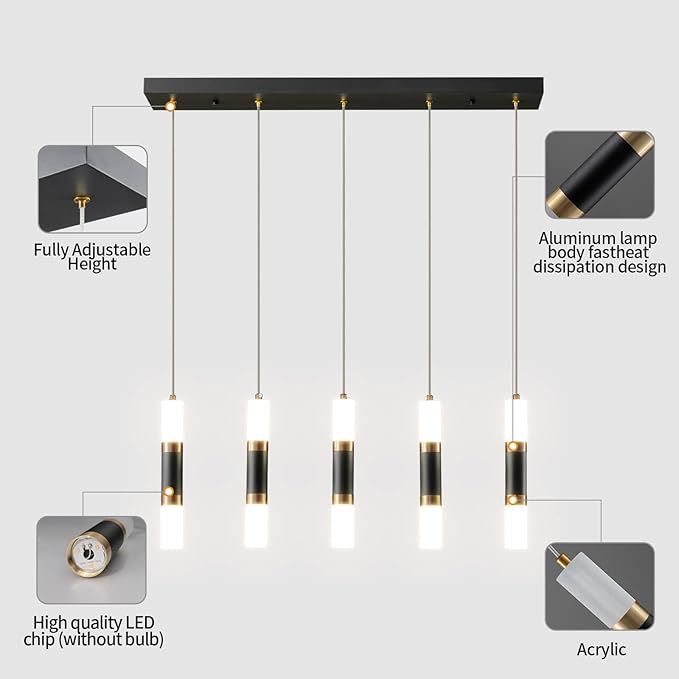Modern Kitchen Island Dimmable LED Modern 5-Light Black Gold Pendant Light, Kitchen Island Dinning Room Black Pendant Light